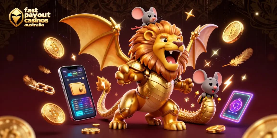 Experience the magic of fast payout casinos Australia with stunning 3D illustration of a chimera and crypto elements.