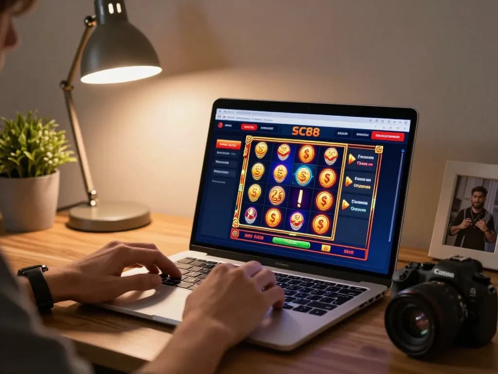 Experience seamless gaming with SC88 on a sleek laptop in a cozy home office setting.