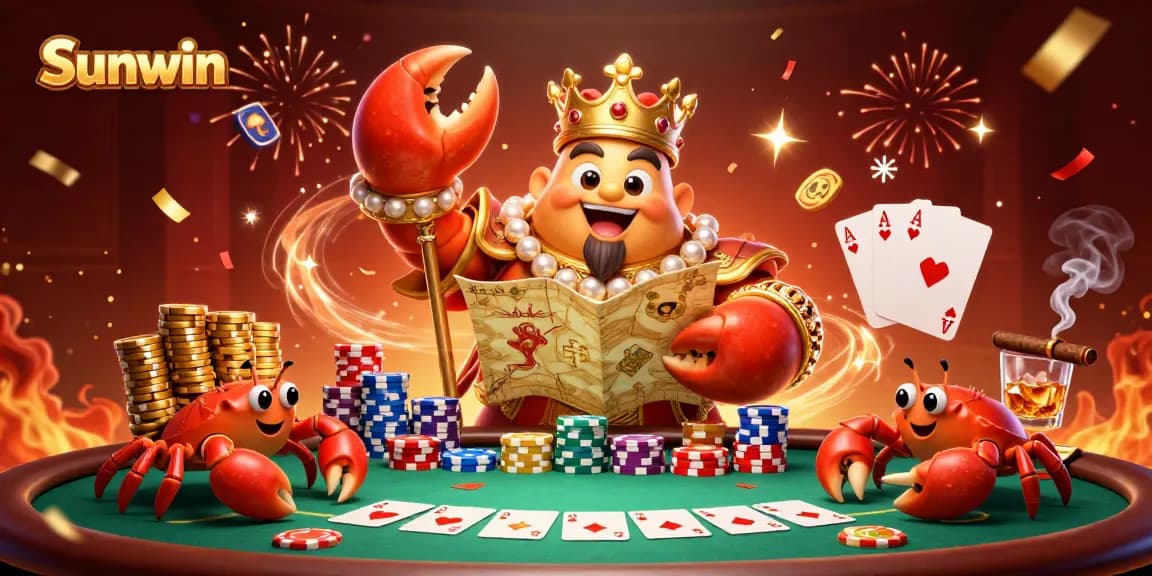 Experience excitement with Sunwin's golden crab emperor and rich poker elements in a vibrant casino setting.