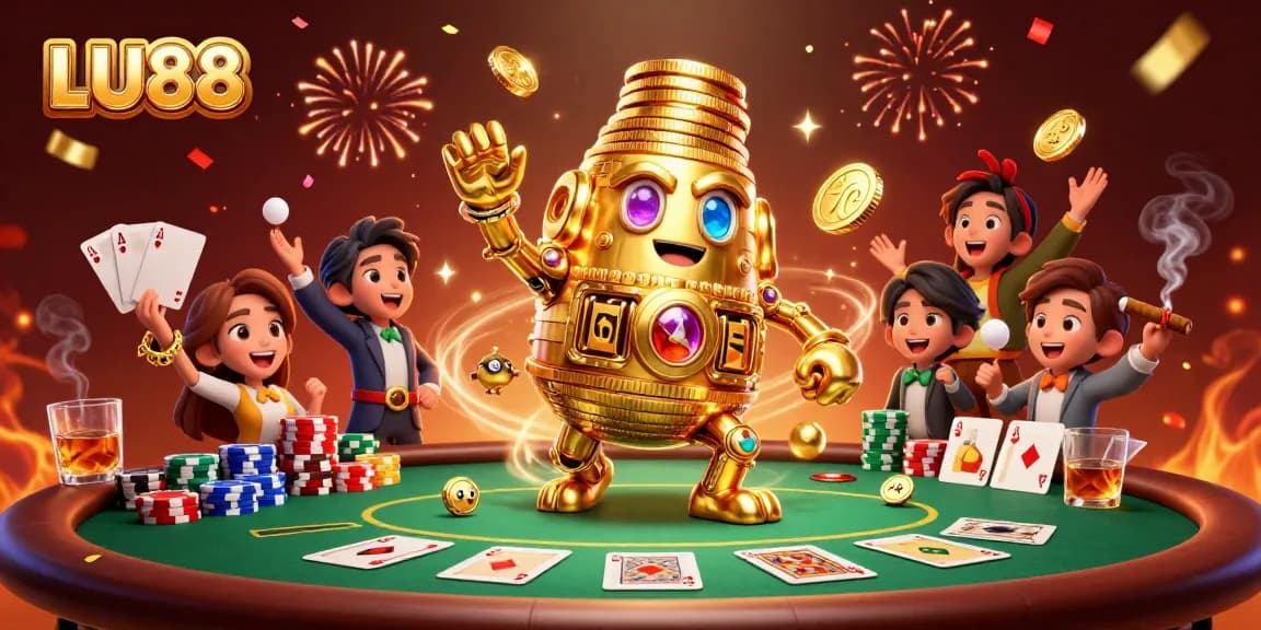 LU88 showcases a winning poker scene featuring a golden golem among chips and cards.