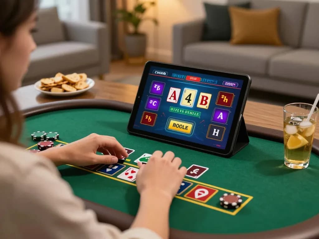 Engaging in live dealer blackjack at home with Trang chủ Vin88 interface visible on the tablet, showing responsible gambling.