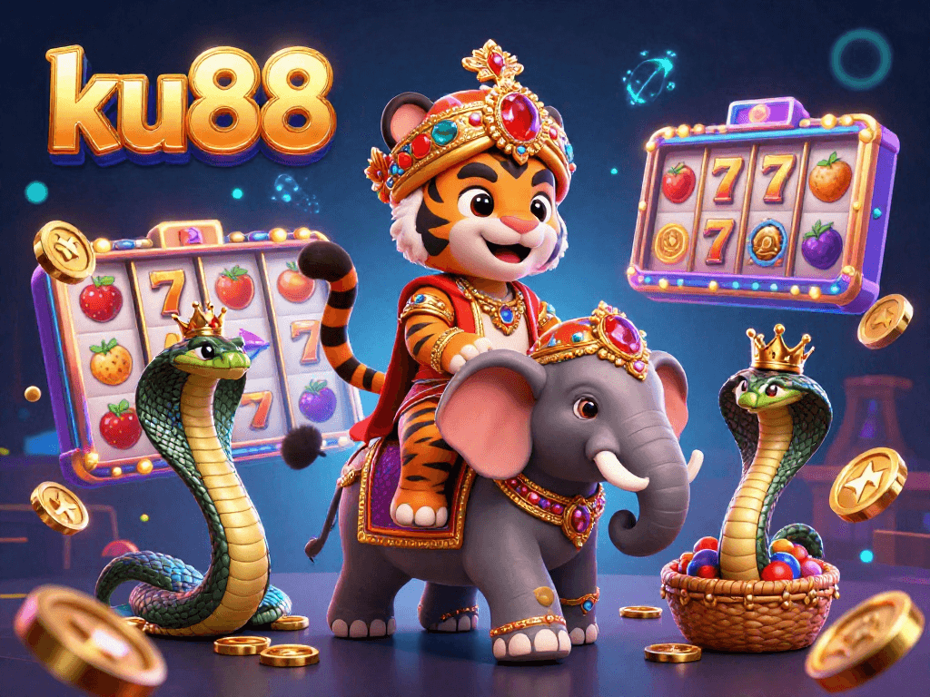 Experience thrilling slot games like ku88 in a vibrant 3D illustration featuring royal characters.