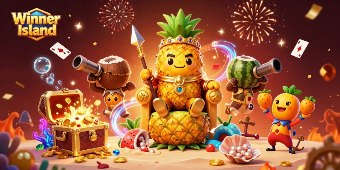Experience the excitement of Winner Island with a colorful casino scene showcasing a golden pineapple king and vibrant game elements.