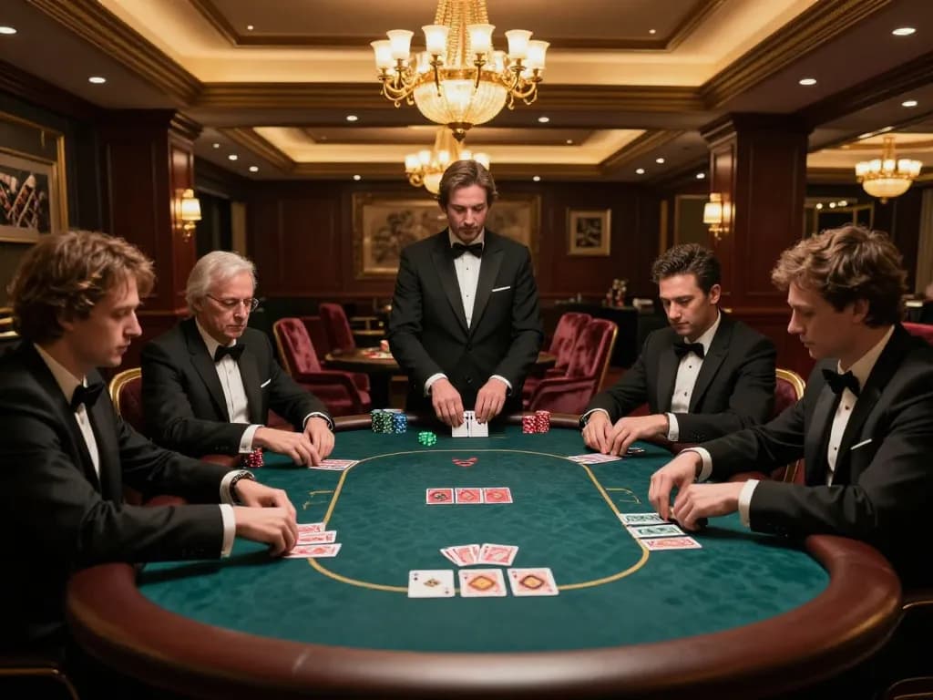 Engaged players at a MAX88 poker table in a luxurious high-roller room, emphasizing strategic gameplay.