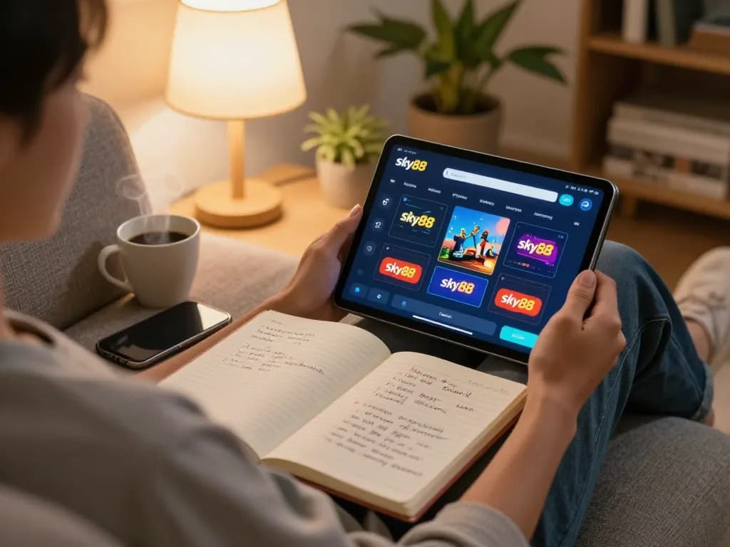 Engaging in Đăng ký Sky88 online gambling with a tablet in a cozy home setting.