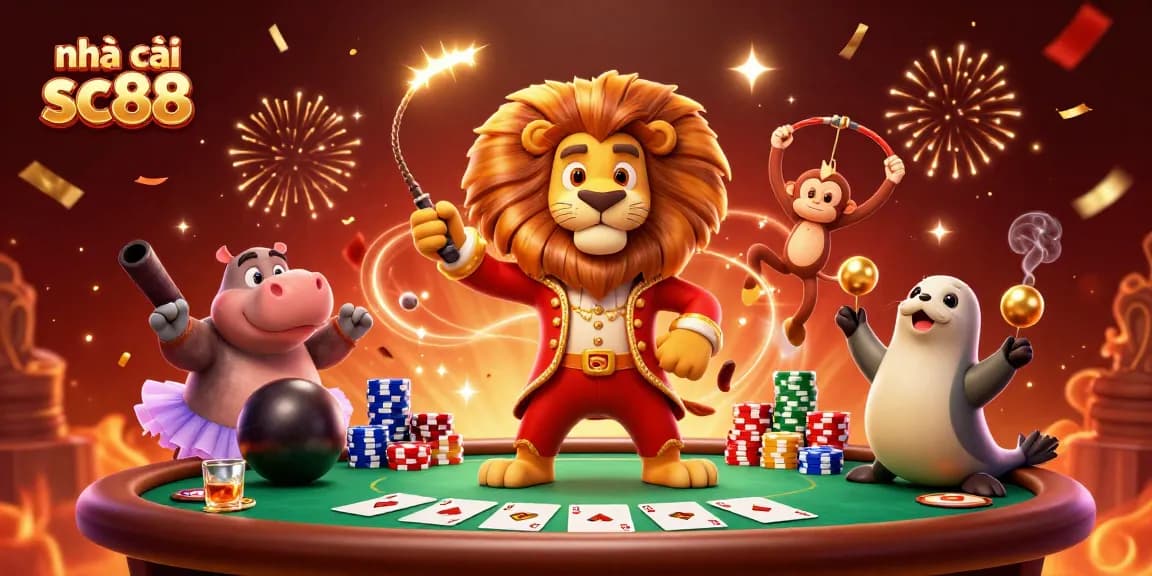 Engage with the vibrant world of nhà cái sc88 as colorful circus characters play poker amidst dazzling casino elements.