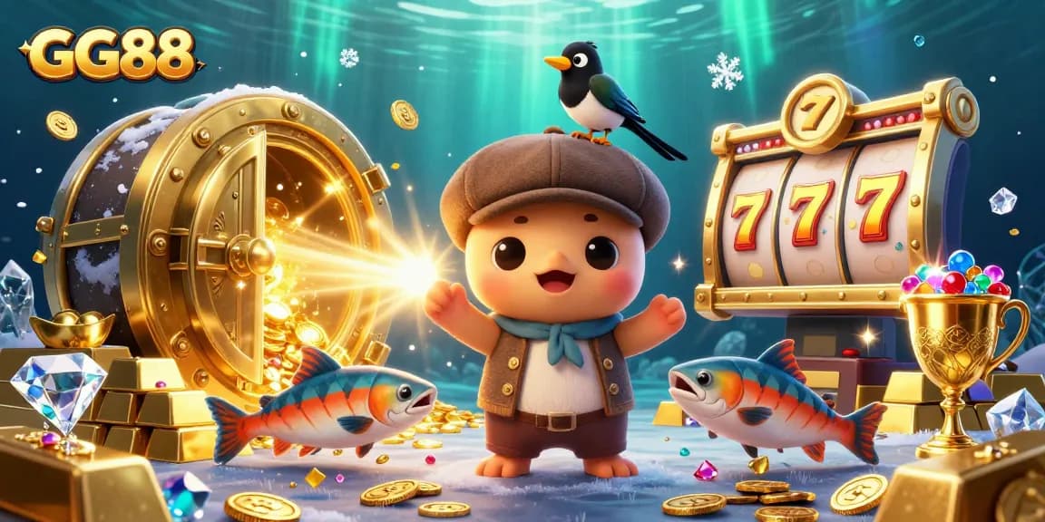 GG88 offers thrilling gaming excitement, showcasing a vibrant 3D illustration of playful elements like slots, treasures, and more.
