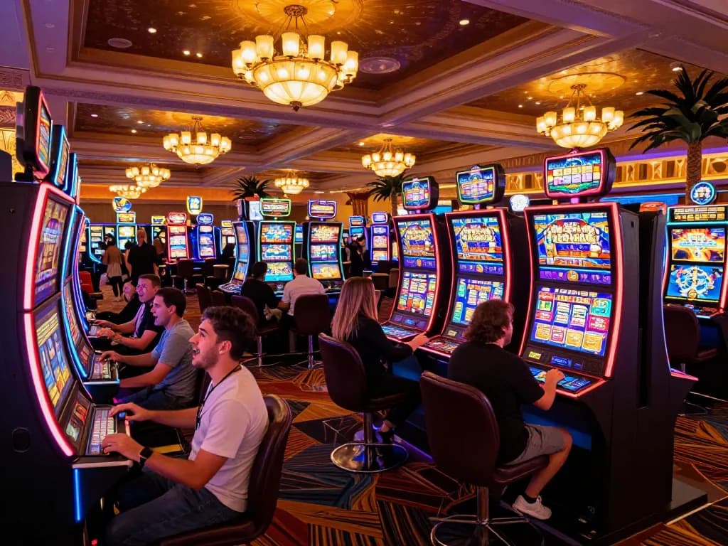IWIN vibrant players engaging with lively slot machines in a bustling Vegas casino