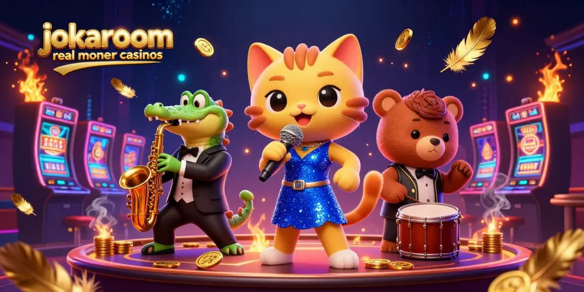 Engage with jokaroom real money casinos, featuring a whimsical scene of a singing cat and musical characters amidst casino excitement.