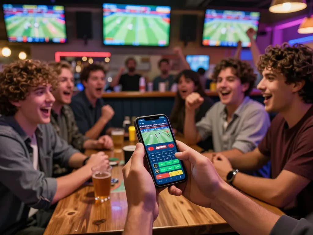 Sunwin mobile sports betting excitement with friends celebrating wins in vibrant bar.