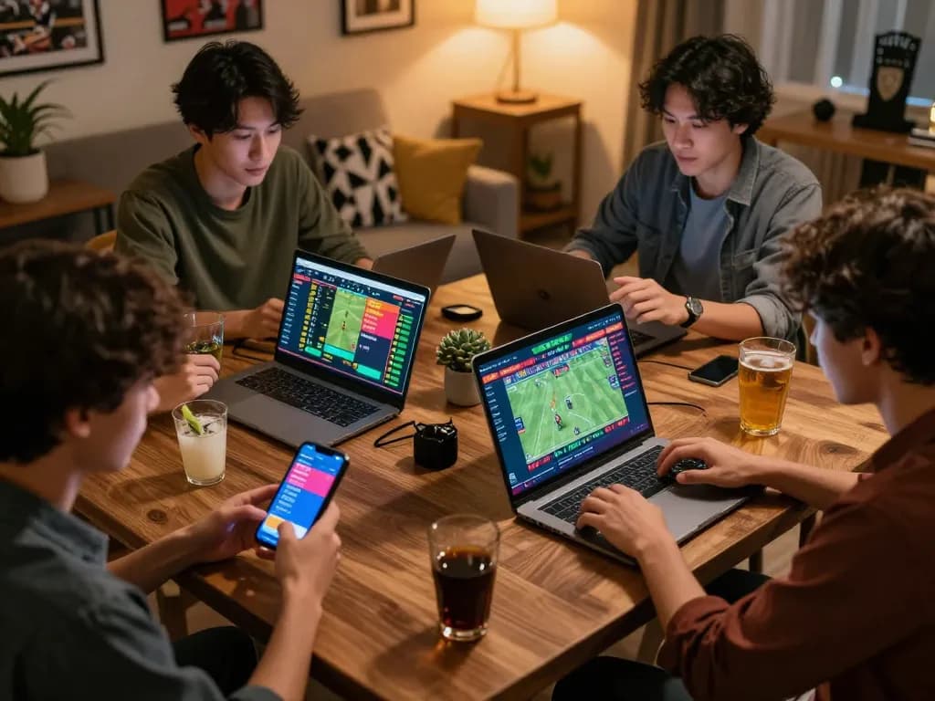 Fun88 players engaged in sports betting, showcasing live odds and game highlights on devices.