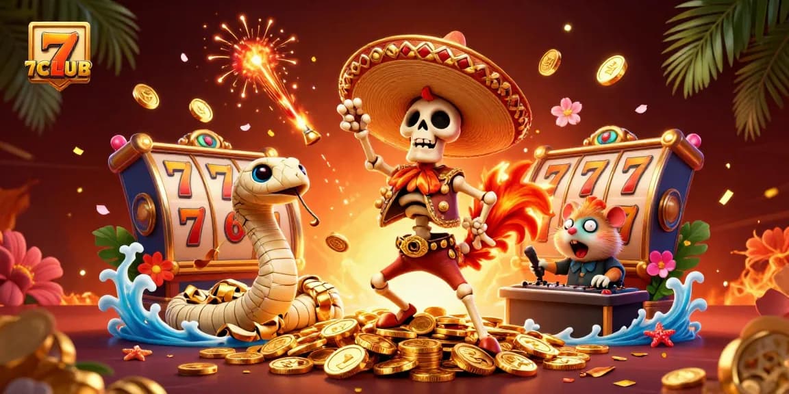 Experience thrilling jackpots at 7CLUB with casino-themed 3D illustration featuring festive characters.