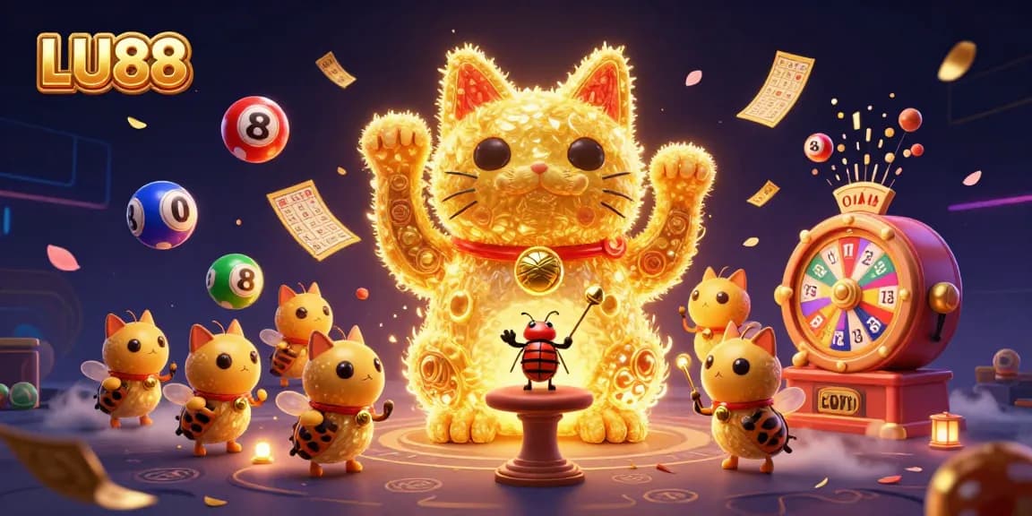 LU88 showcases a vibrant casino scene with lottery elements and a lucky cat attracting players.