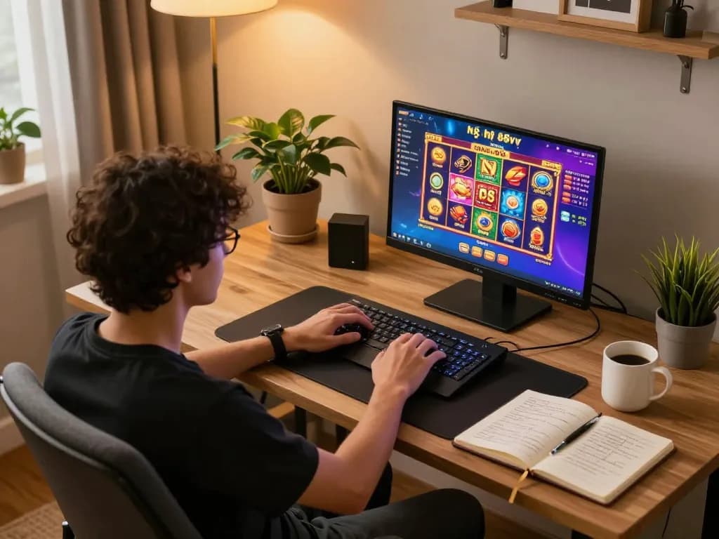 Engaging gaming session featuring nổ hũ 88vv on a laptop, showcasing vibrant slot visuals.