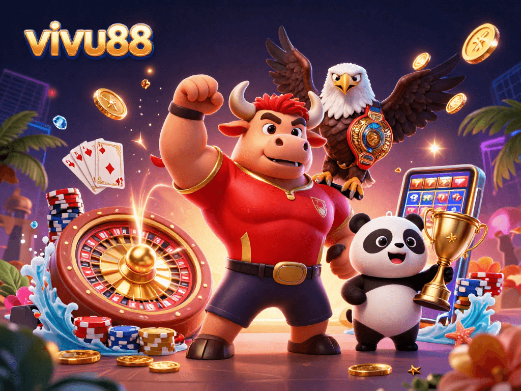 Experience the excitement of vivu88 with our vibrant 3D casino illustration featuring dynamic gaming elements.
