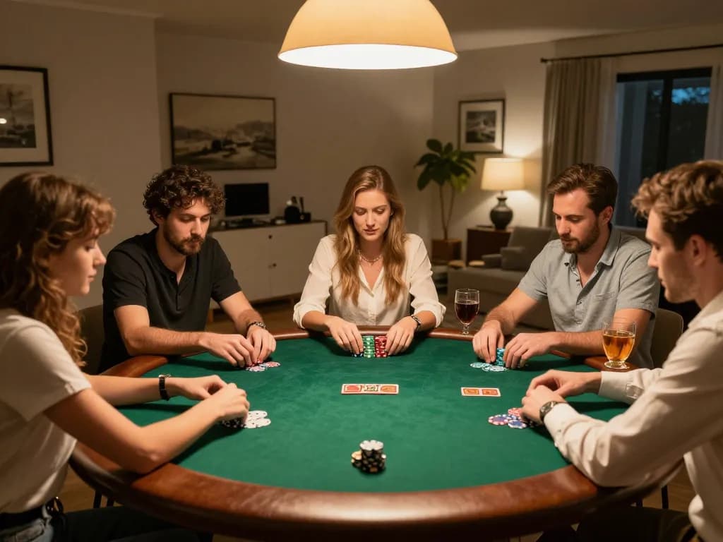 Engaged players strategizing during an exciting GO8 home poker night with chips and cards.