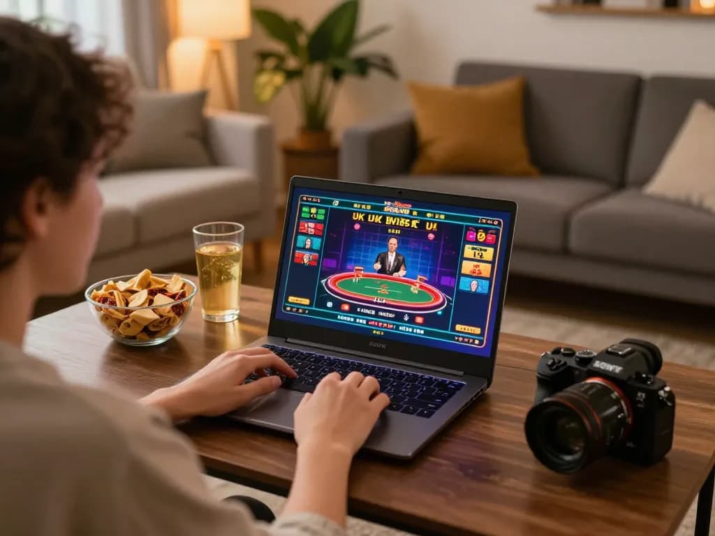 Engaging in online casino games at home for Uk 88 with vibrant screen graphics and cozy atmosphere.