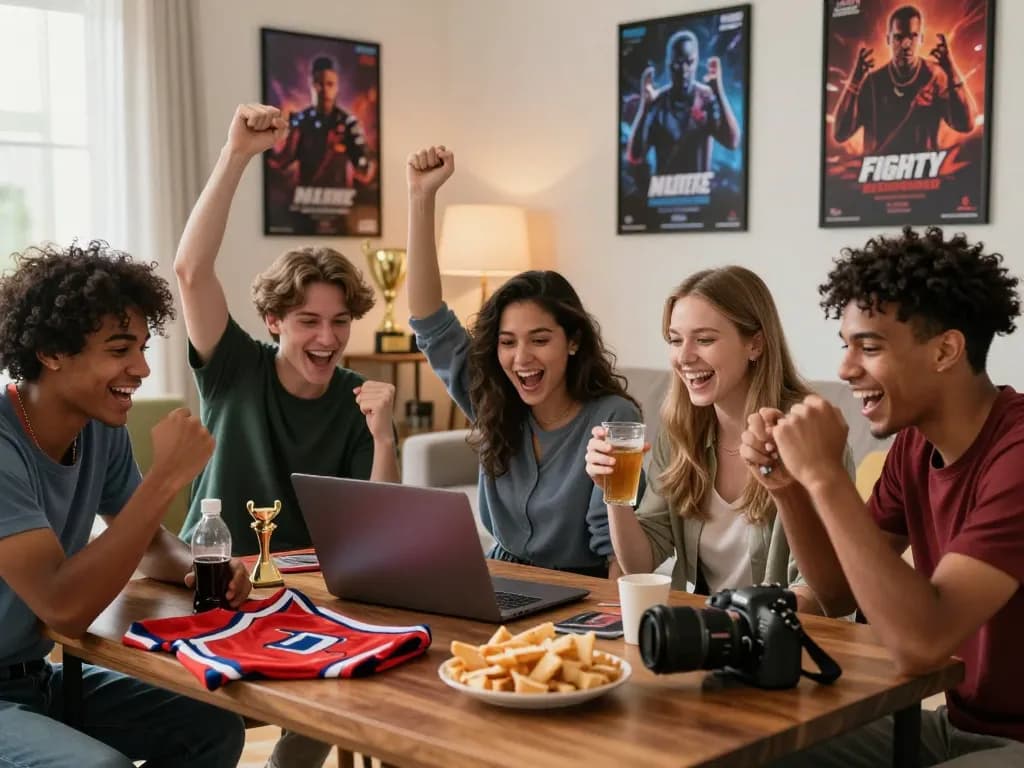 Group celebrating a win while betting online at Website Topbet in a cozy living room.