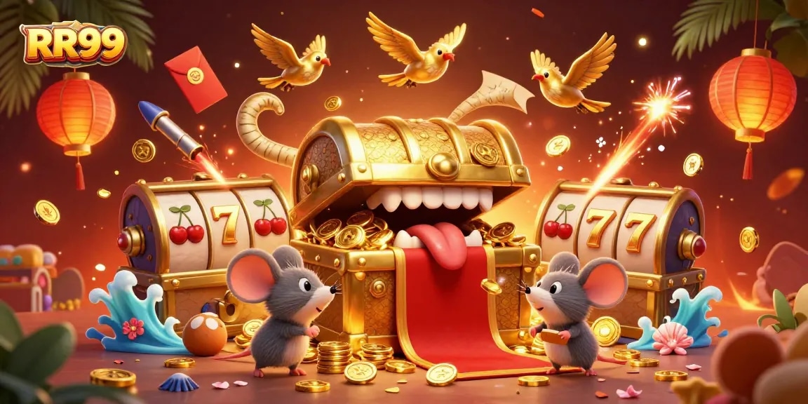 Engage with RR99's thrilling gaming world featuring vibrant slots and a treasure-filled scene.