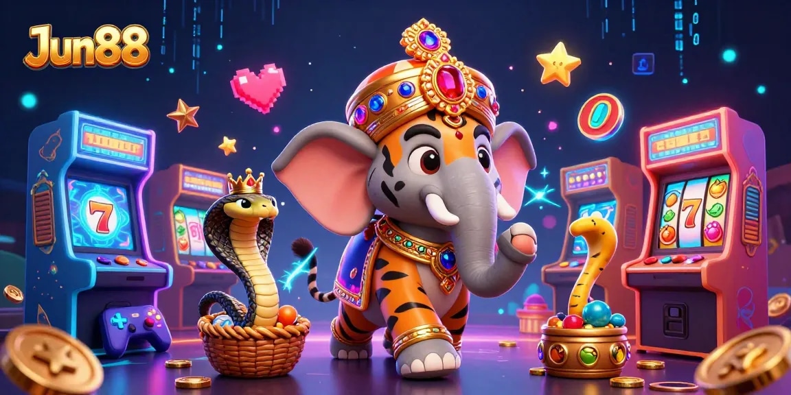Join the excitement of gaming at Jun88 featuring a cartoon tiger and dazzling casino elements.