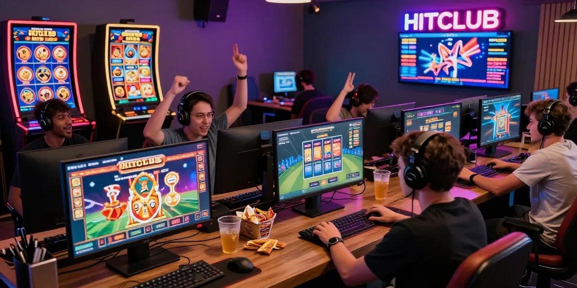 Players enjoying an engaging experience on the HITCLUB online gaming platform, surrounded by colorful game graphics and a lively atmosphere.