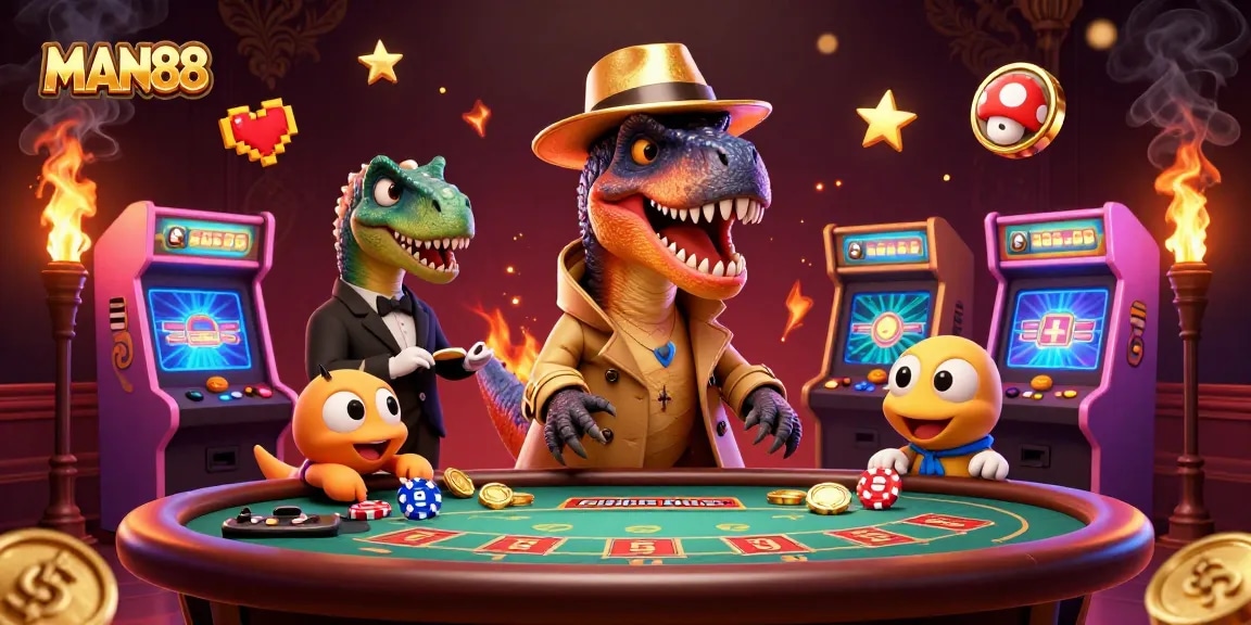 Watch the MAN88 velociraptor card counter in action with a stegosaurus pit boss and compy pickpocket at a blackjack table.