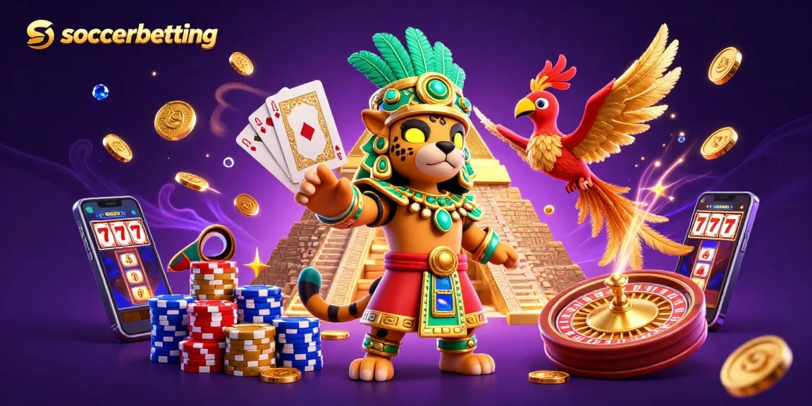 Engage in soccerbetting with a dynamic scene of gambling elements and Mayan characters.