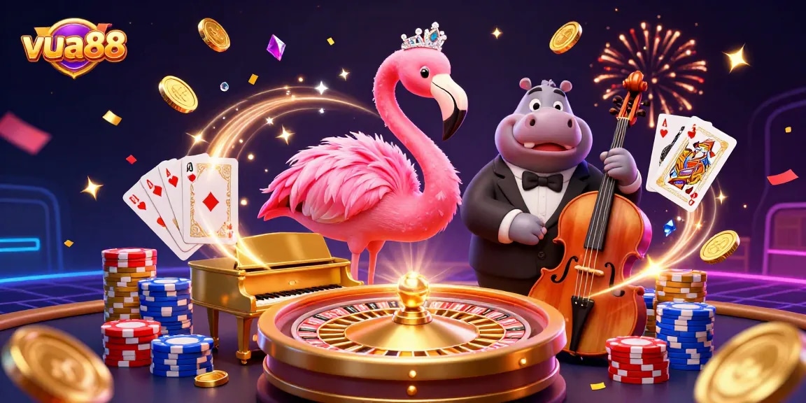 Experience the thrill of winning at vua88 with vibrant casino elements featuring a flamingo singer and hippo bassist.