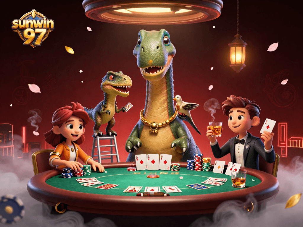 Engage in thrilling poker action at sunwin 97 featuring dinosaurs in a vibrant casino.
