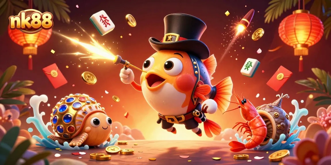 Win big with nk88 in this vibrant underwater casino scene featuring cartoon characters and golden treasures.