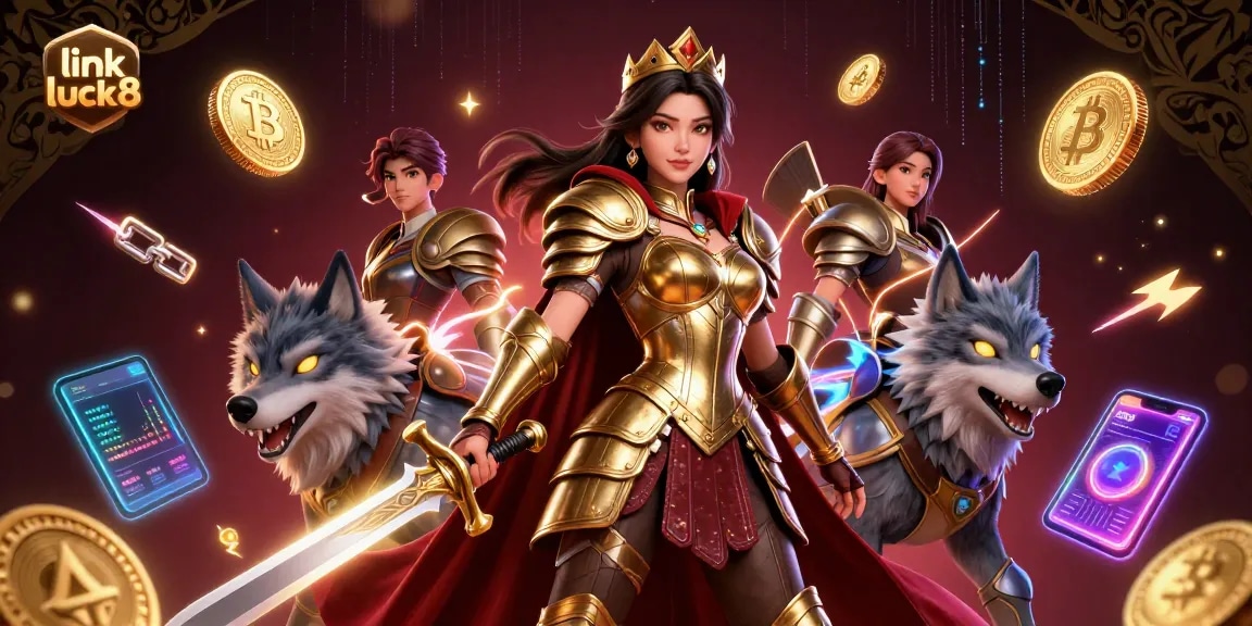 Engage in thrilling gameplay with link luck8, featuring a majestic warrior queen and her wolf, surrounded by glowing crypto elements.