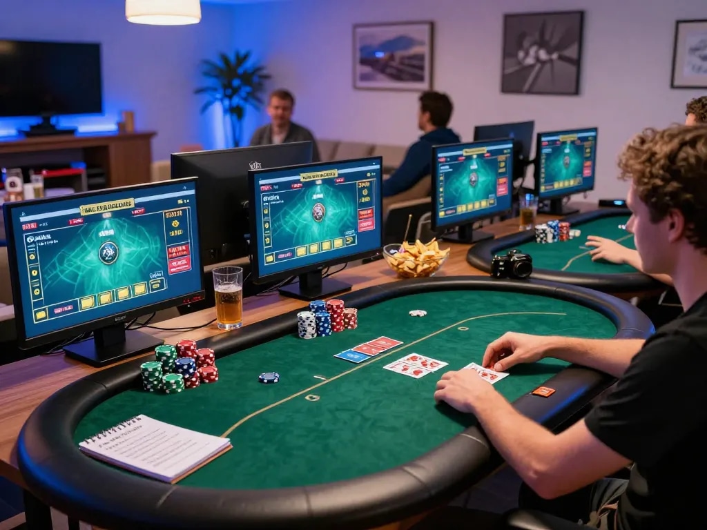 A player engaging in online poker on two monitors from a stylish home setup for w 88 gaming, featuring strategy notes and colorful chips.