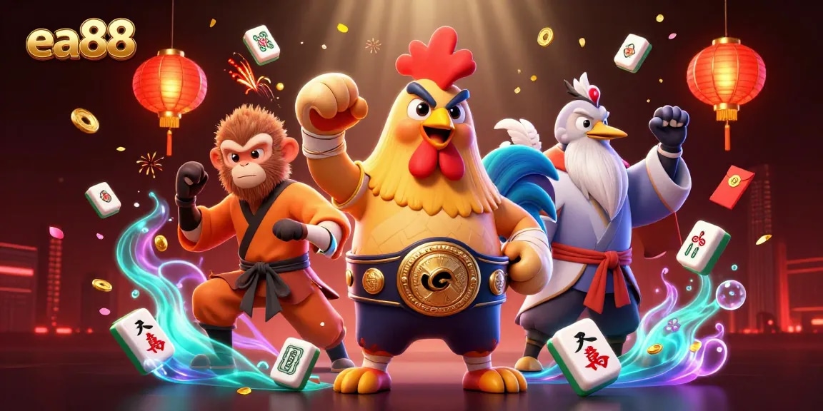 Engage in thrilling battles at ea88 with a dynamic scene showcasing a Muay Thai rooster, Shaolin monkey, and wise crane master surrounded by vibrant gaming elements.