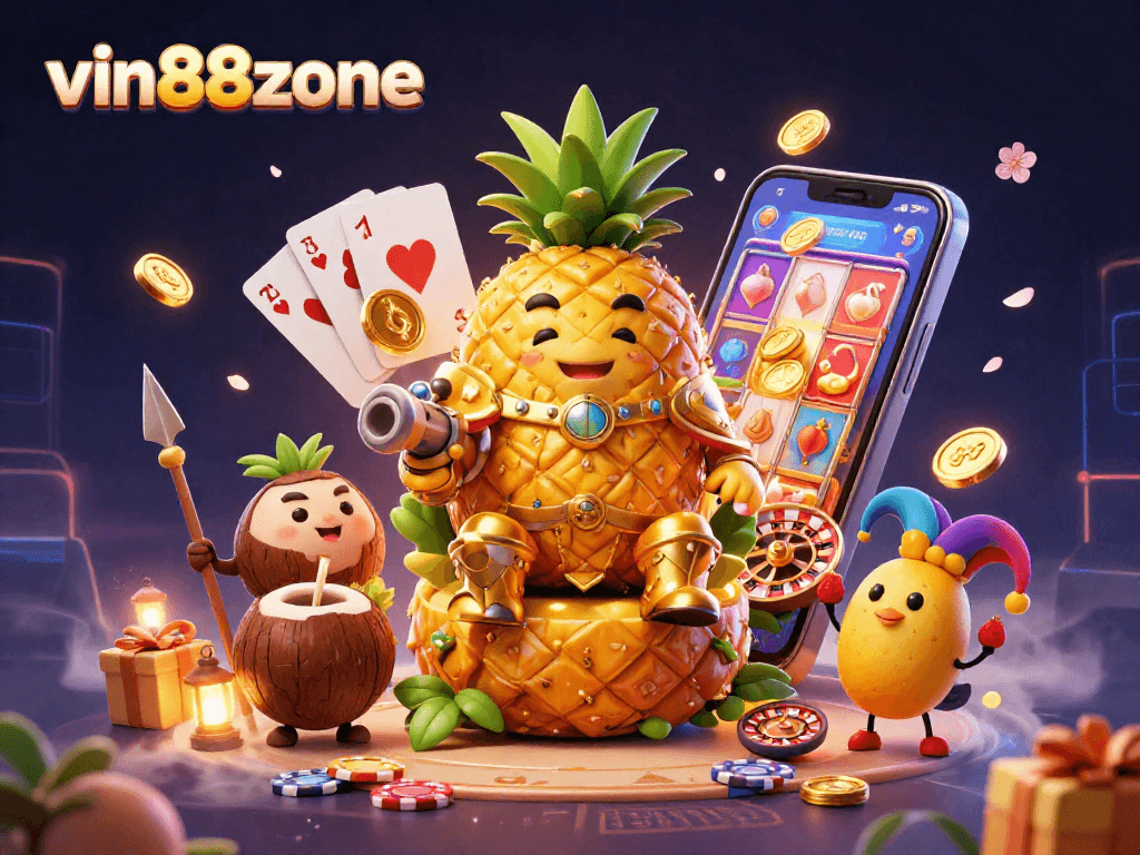 Experience the vibrant world of vin88zone with a golden pineapple king and casino elements in a thrilling illustration.