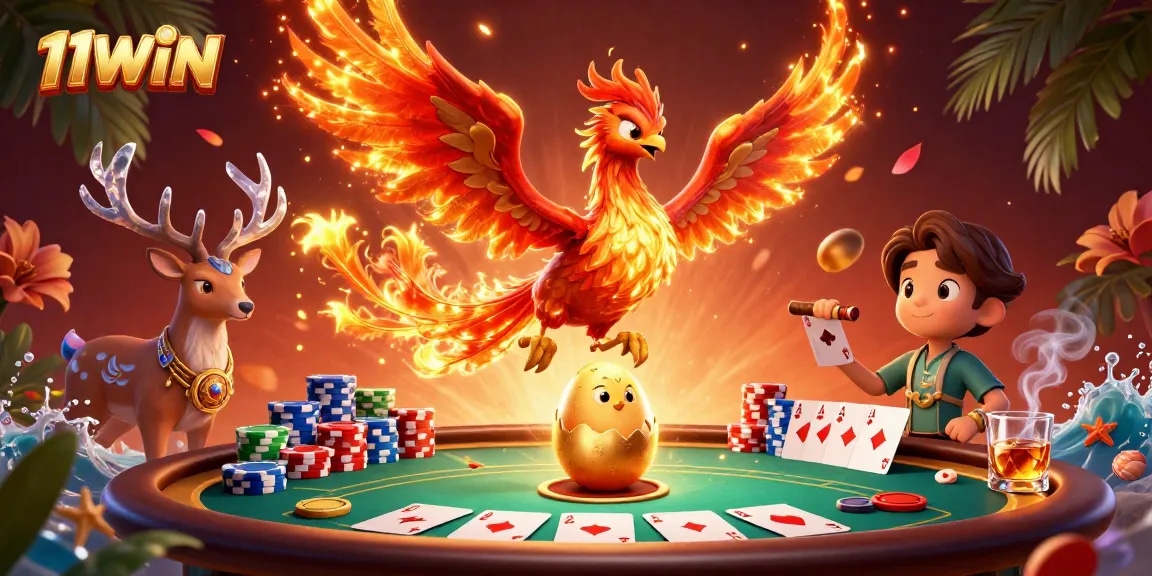Experience the thrilling world of 11WIN with a vibrant poker scene featuring dynamic characters.
