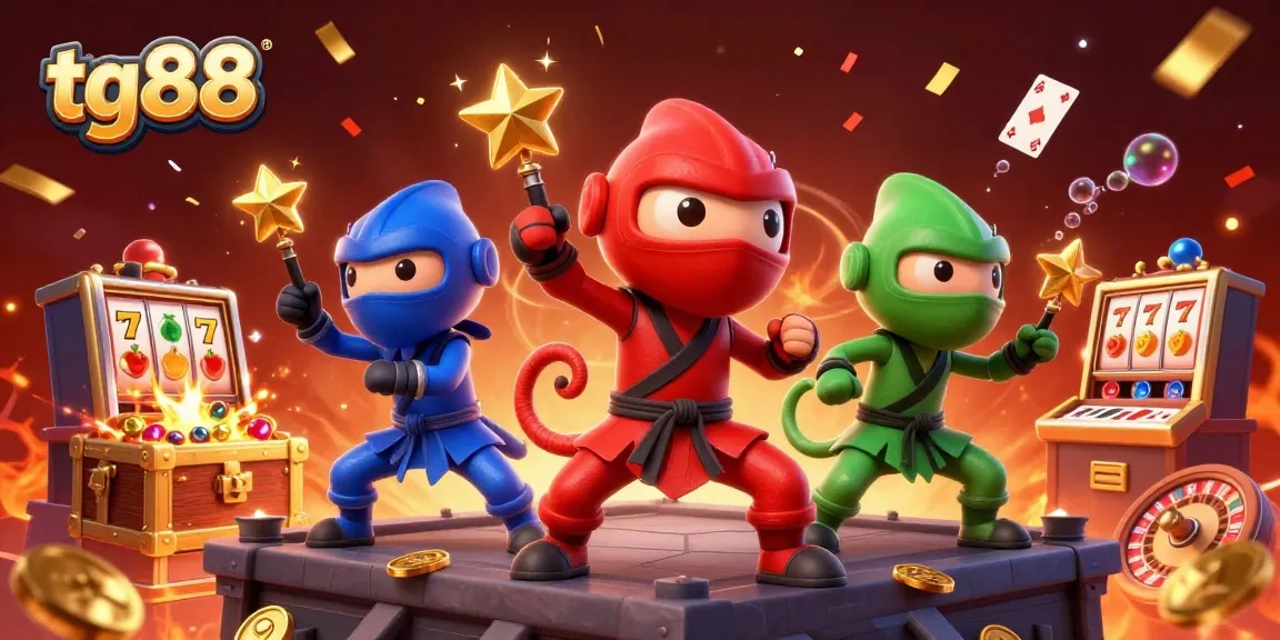 Engage with tg88's vibrant casino action featuring ninja chameleons amidst slot machines and wins.