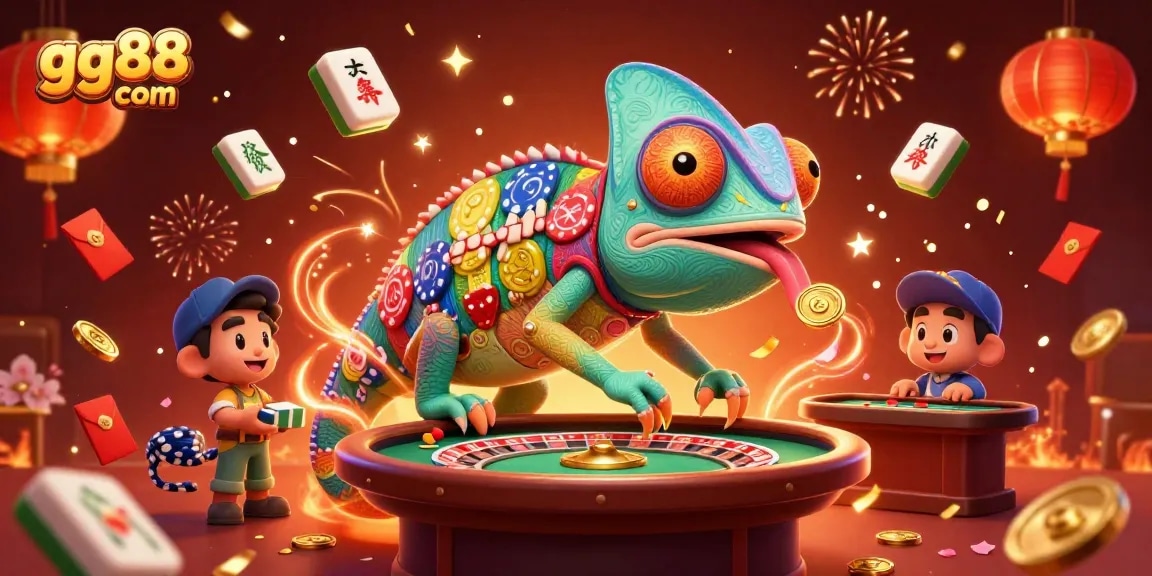 Experience the vibrant world of gaming with gg88 com, featuring a playful chameleon casino owner.