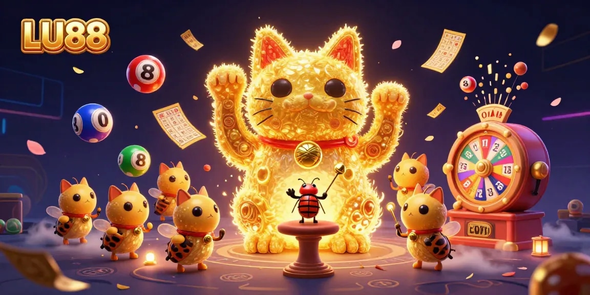 LU88 showcases a vibrant casino scene with lottery elements and a lucky cat attracting players.