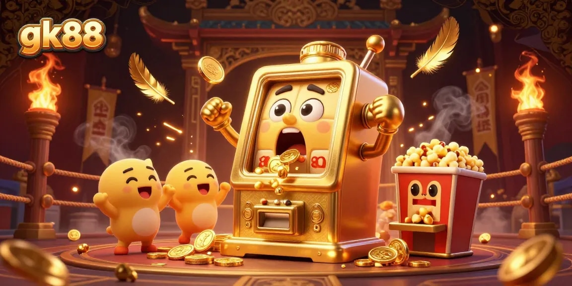 gk88 slot machine celebrates its jackpot with coins pouring out, atmospherically rich casino scene.