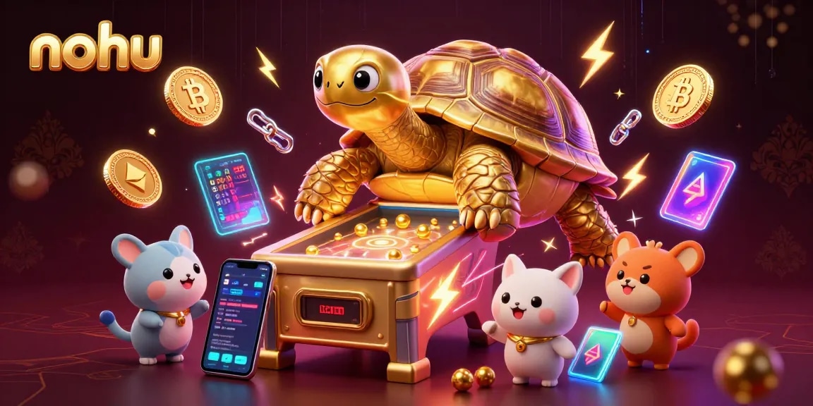 Nohus exciting scene shows players enjoying a giant tortoise pinball machine amidst cryptocurrency elements.