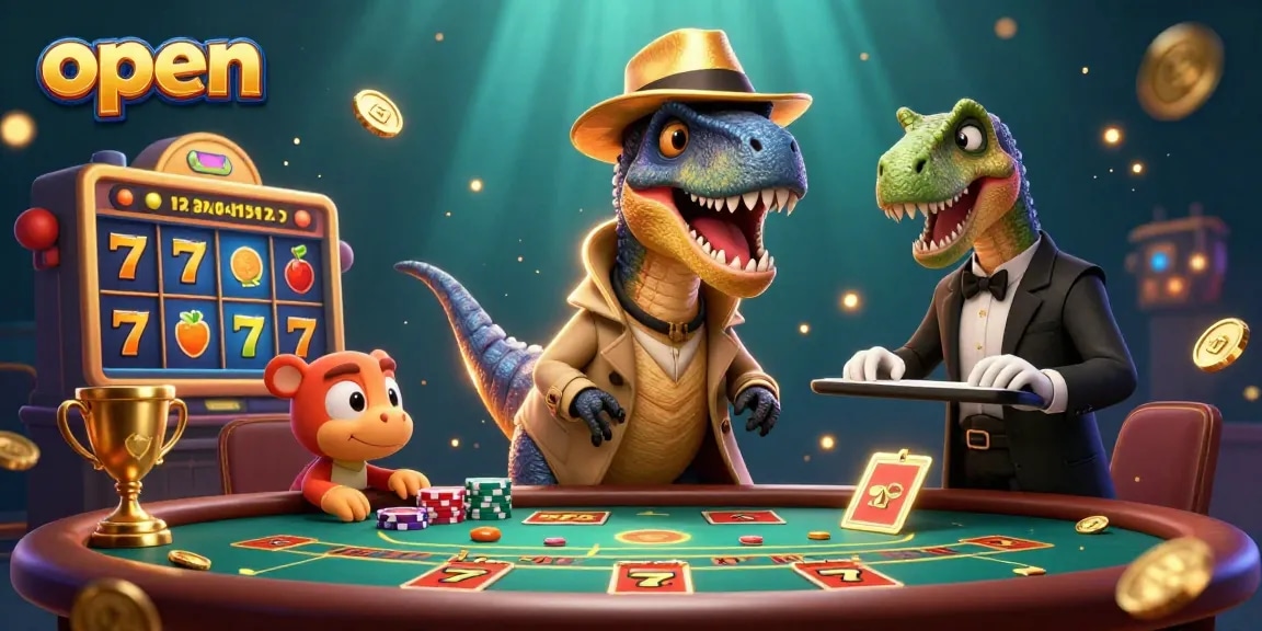 Play exciting slot games like open with a charming velociraptor and friends in a thrilling casino scene.