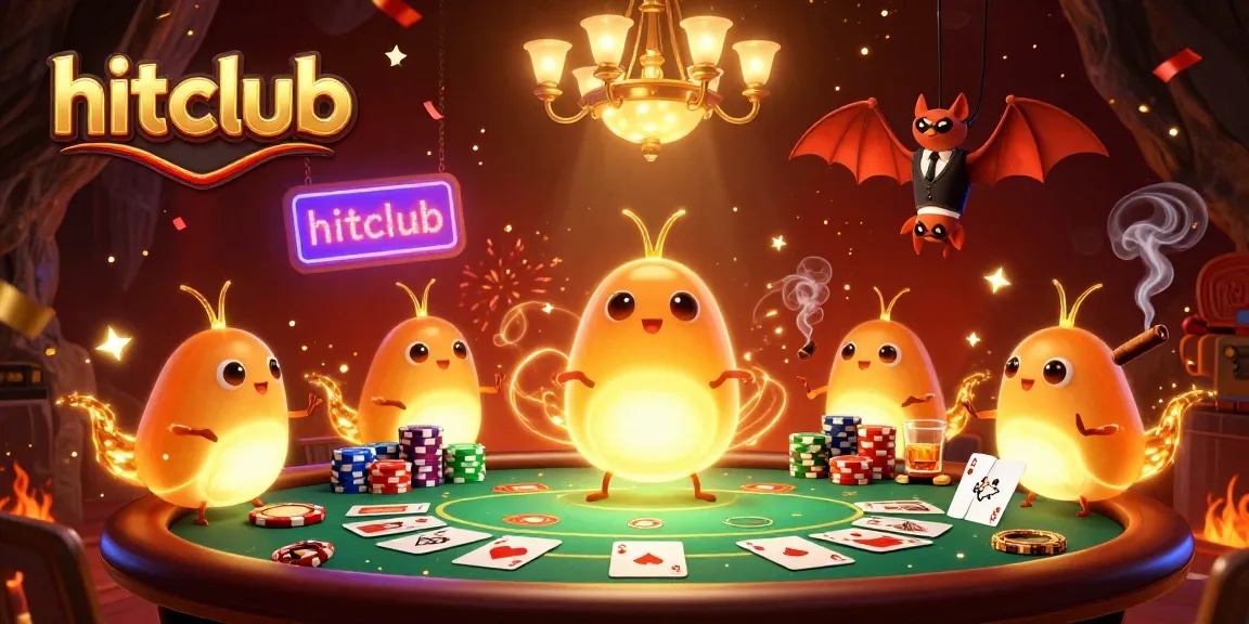 hitclub glows with vibrant energy as bioluminescent glowworms light up a casino scene with chips and cards.