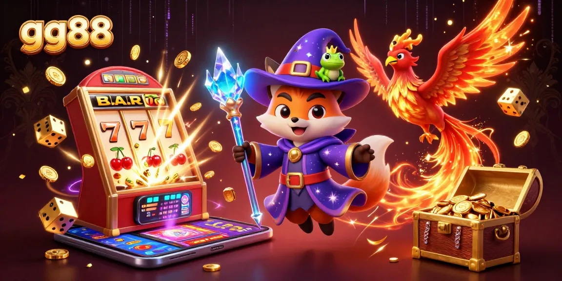 Experience thrilling gameplay with gg88's vibrant casino scene featuring a wizard, phoenix, and rich symbols.