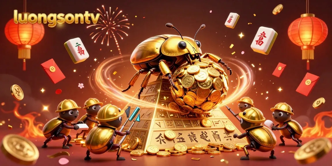 Experience the excitement of luongsontv with a golden beetle rolling coins amidst glowing casino symbols.