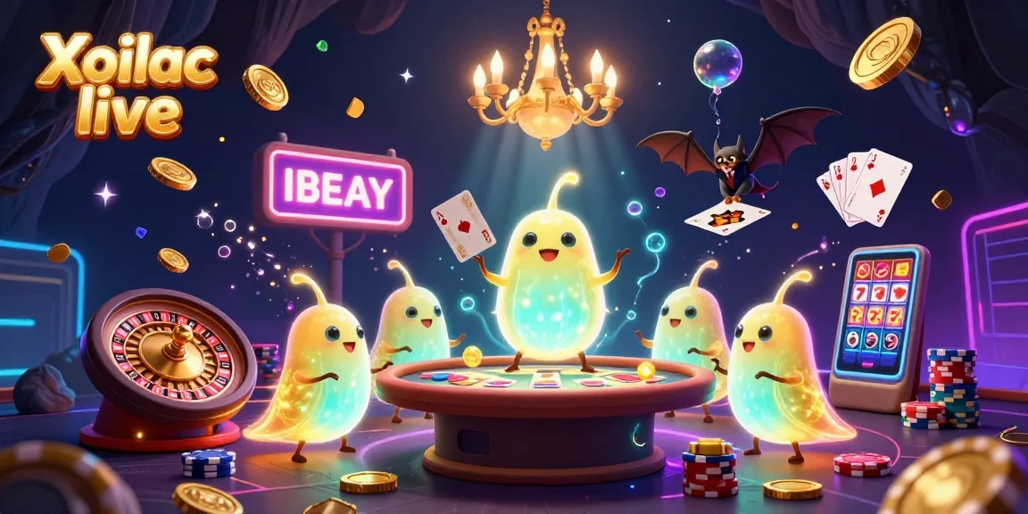 Xoilac live illuminates the cave casino with glowworms and a bat dealer, showcasing vibrant gambling action.