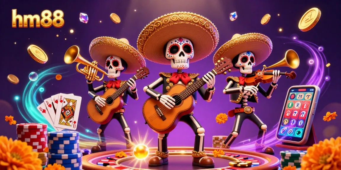 Engage with the vibrant hm88 casino scene showcasing a lively mariachi band amidst dynamic slot reels and gold coins.