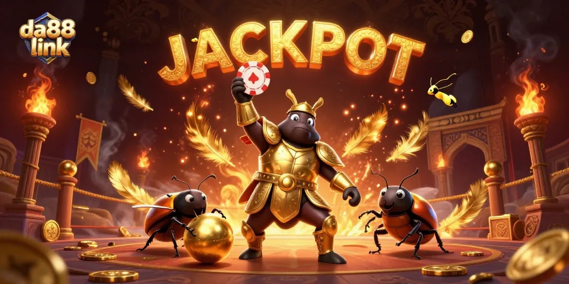 Win big with da88 link in this vibrant casino-themed illustration featuring a gladiator beetle.