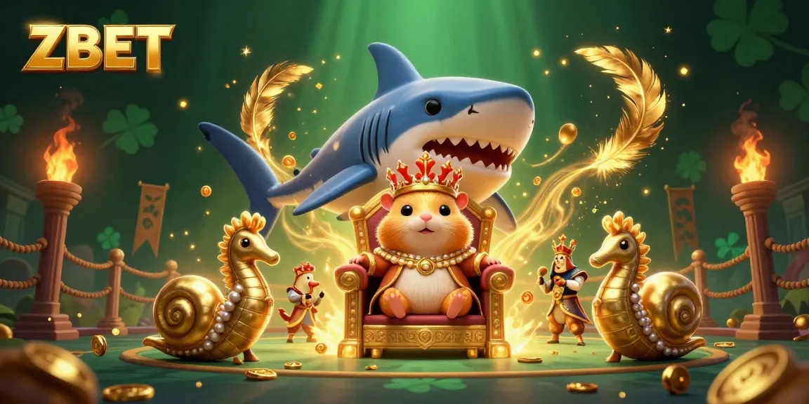 Engage in thrilling ZBET casino action with a tiny golden hamster king and dynamic game elements.