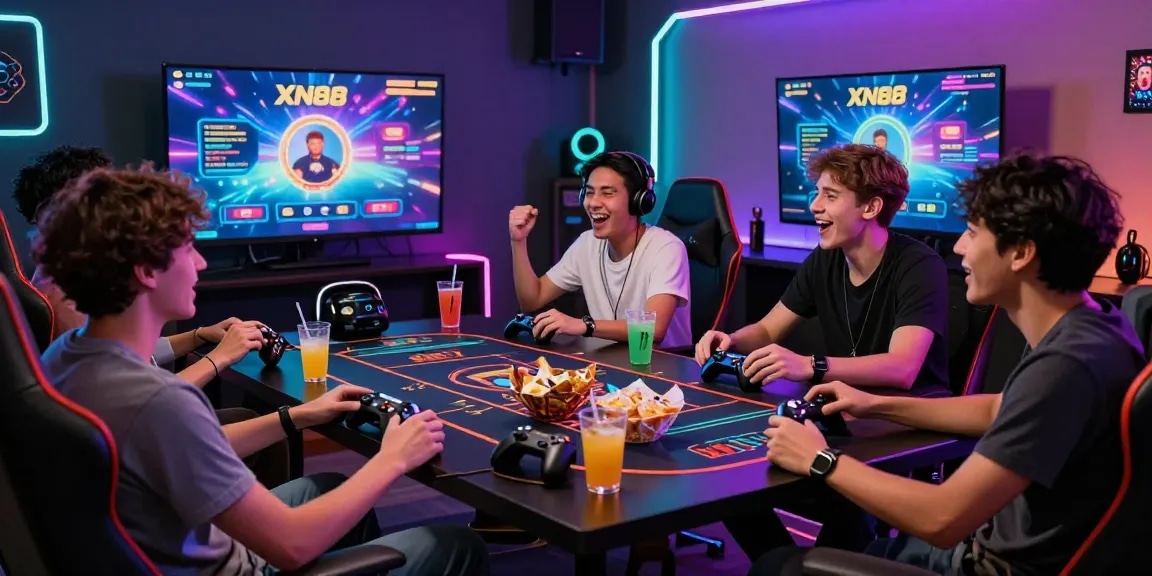 Engaged group enjoying TRANG CHỦ XN88 online gaming experience together.