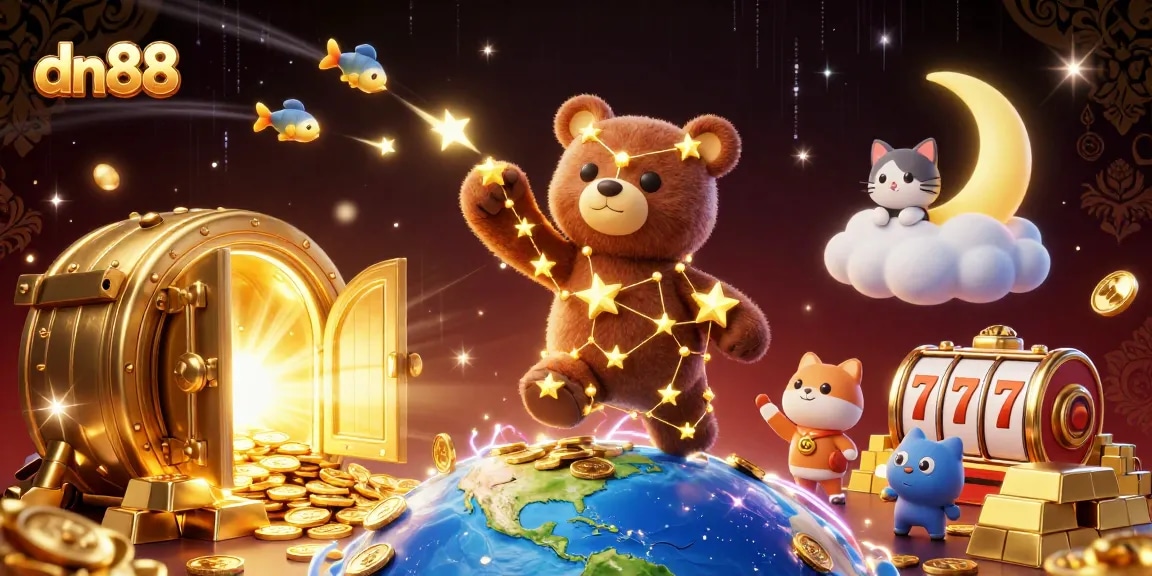 Experience thrilling wins with dn88, featuring golden treasures, a constellation bear, and casino game excitement.